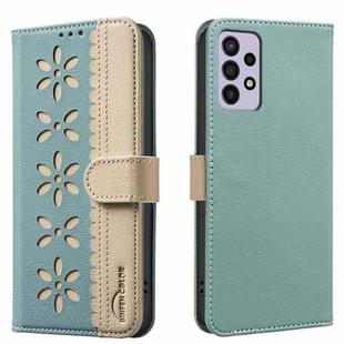 For Samsung Galaxy A32 4G Splicing Color Hollow Flower Pattern RFID Leather Phone Case(Green)