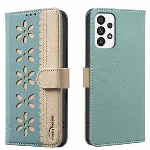 For Samsung Galaxy A33 5G Splicing Color Hollow Flower Pattern RFID Leather Phone Case(Green)