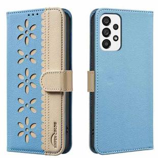 For Samsung Galaxy A33 5G Splicing Color Hollow Flower Pattern RFID Leather Phone Case(Baby Blue)