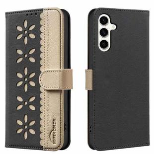 For Samsung Galaxy A34 5G Splicing Color Hollow Flower Pattern RFID Leather Phone Case(Black)