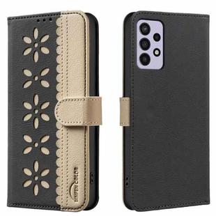 For Samsung Galaxy A52 / A52S Splicing Color Hollow Flower Pattern RFID Leather Phone Case(Black)