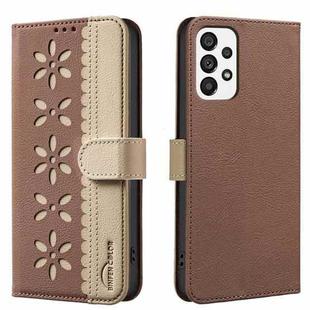 For Samsung Galaxy A53 Splicing Color Hollow Flower Pattern RFID Leather Phone Case(Brown)