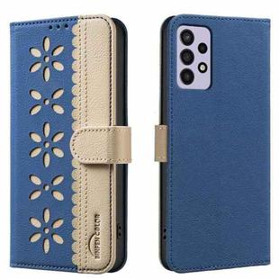 For Samsung Galaxy A72 Splicing Color Hollow Flower Pattern RFID Leather Phone Case(Dark Blue)