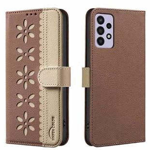 For Samsung Galaxy A72 Splicing Color Hollow Flower Pattern RFID Leather Phone Case(Brown)