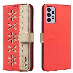 For Samsung Galaxy A72 Splicing Color Hollow Flower Pattern RFID Leather Phone Case(Red)