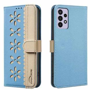 For Samsung Galaxy A72 Splicing Color Hollow Flower Pattern RFID Leather Phone Case(Baby Blue)