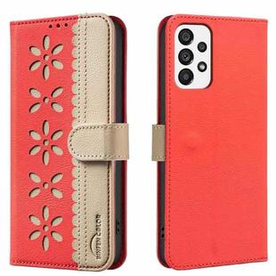 For Samsung Galaxy A73 Splicing Color Hollow Flower Pattern RFID Leather Phone Case(Red)