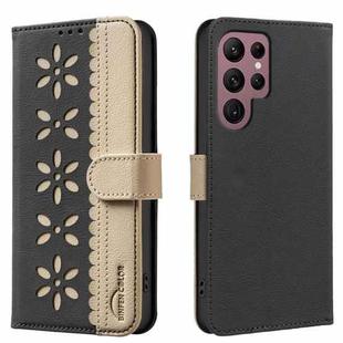 For Samsung Galaxy S21 Ultra 5G Splicing Color Hollow Flower Pattern RFID Leather Phone Case(Black)