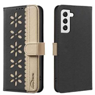 For Samsung Galaxy S21 5G Splicing Color Hollow Flower Pattern RFID Leather Phone Case(Black)
