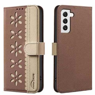 For Samsung Galaxy S22+ 5G Splicing Color Hollow Flower Pattern RFID Leather Phone Case(Brown)