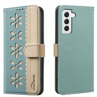 For Samsung Galaxy S22+ 5G Splicing Color Hollow Flower Pattern RFID Leather Phone Case(Green)