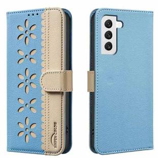 For Samsung Galaxy S22+ 5G Splicing Color Hollow Flower Pattern RFID Leather Phone Case(Baby Blue)