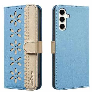 For Samsung Galaxy S23 5G Splicing Color Hollow Flower Pattern RFID Leather Phone Case(Baby Blue)
