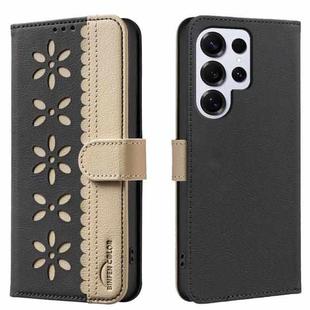 For Samsung Galaxy S24 Ultra 5G Splicing Color Hollow Flower Pattern RFID Leather Phone Case(Black)