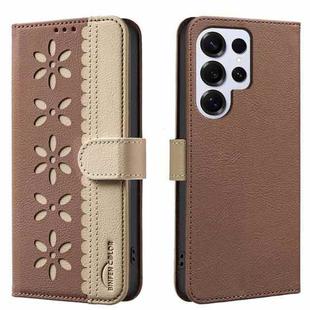For Samsung Galaxy S24 Ultra 5G Splicing Color Hollow Flower Pattern RFID Leather Phone Case(Brown)