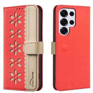 For Samsung Galaxy S24 Ultra 5G Splicing Color Hollow Flower Pattern RFID Leather Phone Case(Red)