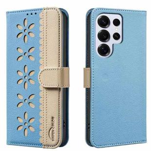 For Samsung Galaxy S24 Ultra 5G Splicing Color Hollow Flower Pattern RFID Leather Phone Case(Baby Blue)