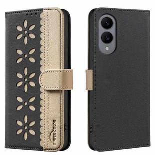 For Samsung Galaxy S25 Edge 5G Splicing Color Hollow Flower Pattern RFID Leather Phone Case(Black)