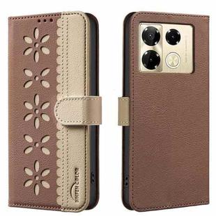 For Infinix Note 40 Pro / 40 Pro+ Splicing Color Hollow Flower Pattern RFID Leather Phone Case(Brown)