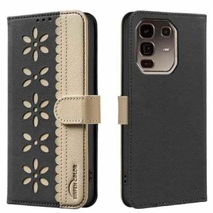 For Infinix Note 50 Pro+ 5G Splicing Color Hollow Flower Pattern RFID Leather Phone Case(Black)