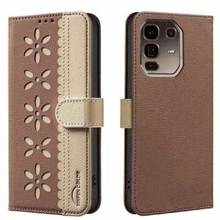 For Infinix Note 50 Pro+ 5G Splicing Color Hollow Flower Pattern RFID Leather Phone Case(Brown)