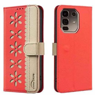 For Infinix Note 50 Pro+ 5G Splicing Color Hollow Flower Pattern RFID Leather Phone Case(Red)