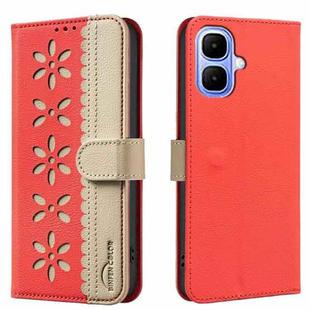For Infinix Smart 10 4G Splicing Color Hollow Flower Pattern RFID Leather Phone Case(Red)