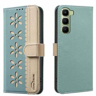 For Infinix Hot 60 Pro 4G Splicing Color Hollow Flower Pattern RFID Leather Phone Case(Green)
