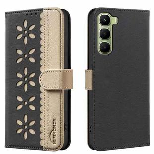 For Infinix Hot 60 Pro+ 4G Splicing Color Hollow Flower Pattern RFID Leather Phone Case(Black)