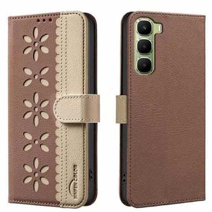 For Infinix Hot 60 Pro+ 4G Splicing Color Hollow Flower Pattern RFID Leather Phone Case(Brown)