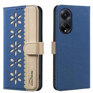 For OPPO A98 5G / F23 / A1 Splicing Color Hollow Flower Pattern RFID Leather Phone Case(Dark Blue)