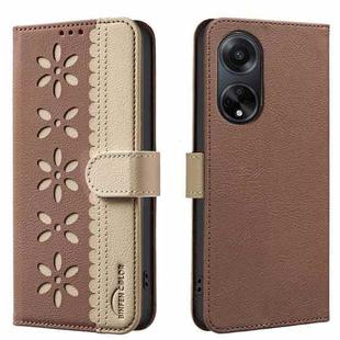 For OPPO A98 5G / F23 / A1 Splicing Color Hollow Flower Pattern RFID Leather Phone Case(Brown)