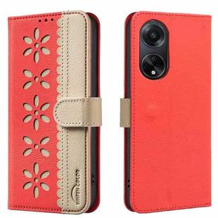 For OPPO A98 5G / F23 / A1 Splicing Color Hollow Flower Pattern RFID Leather Phone Case(Red)