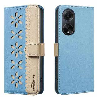 For OPPO A98 5G / F23 / A1 Splicing Color Hollow Flower Pattern RFID Leather Phone Case(Baby Blue)