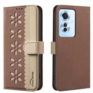 For OPPO Reno11 F Splicing Color Hollow Flower Pattern RFID Leather Phone Case(Brown)
