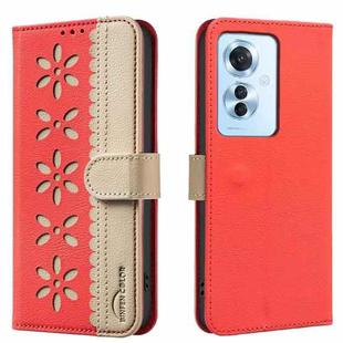 For OPPO Reno11 F Splicing Color Hollow Flower Pattern RFID Leather Phone Case(Red)