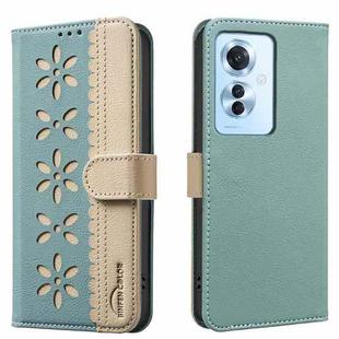 For OPPO Reno11 F Splicing Color Hollow Flower Pattern RFID Leather Phone Case(Green)