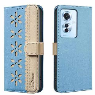 For OPPO Reno11 F Splicing Color Hollow Flower Pattern RFID Leather Phone Case(Baby Blue)