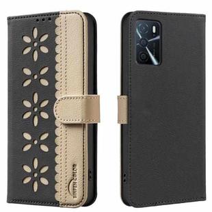 For OPPO A16 / A16S / A54S / A55 5G Splicing Color Hollow Flower Pattern RFID Leather Phone Case(Black)