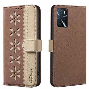 For OPPO A16 / A16S / A54S / A55 5G Splicing Color Hollow Flower Pattern RFID Leather Phone Case(Brown)