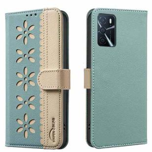 For OPPO A16 / A16S / A54S / A55 5G Splicing Color Hollow Flower Pattern RFID Leather Phone Case(Green)