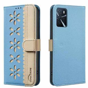For OPPO A16 / A16S / A54S / A55 5G Splicing Color Hollow Flower Pattern RFID Leather Phone Case(Baby Blue)