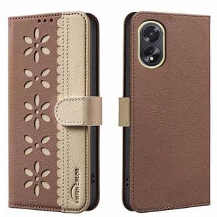 For OPPO A38 / A18 Splicing Color Hollow Flower Pattern RFID Leather Phone Case(Brown)