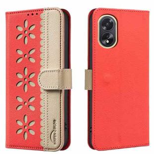 For OPPO A38 / A18 Splicing Color Hollow Flower Pattern RFID Leather Phone Case(Red)