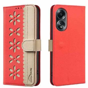 For OPPO A58 4G Splicing Color Hollow Flower Pattern RFID Leather Phone Case(Red)