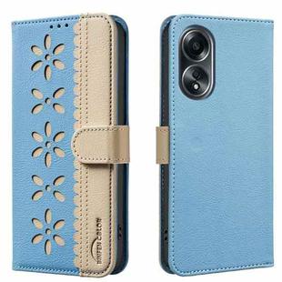 For OPPO A58 4G Splicing Color Hollow Flower Pattern RFID Leather Phone Case(Baby Blue)