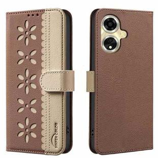 For OPPO A59 5G Splicing Color Hollow Flower Pattern RFID Leather Phone Case(Brown)