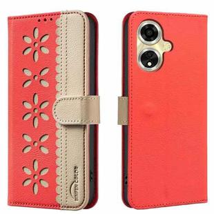 For OPPO A59 5G Splicing Color Hollow Flower Pattern RFID Leather Phone Case(Red)