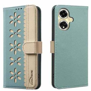 For OPPO A59 5G Splicing Color Hollow Flower Pattern RFID Leather Phone Case(Green)