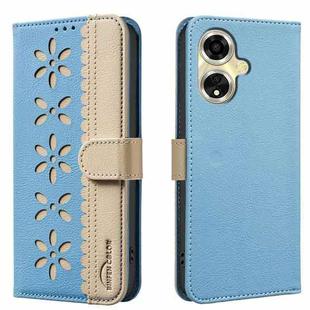 For OPPO A59 5G Splicing Color Hollow Flower Pattern RFID Leather Phone Case(Baby Blue)